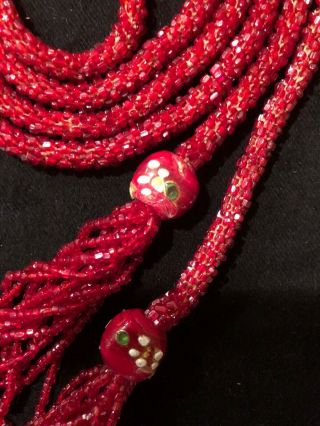 Antique Woven Knit Red Glass Beaded Lariat Necklace Flapper 1920s Art Deco 6