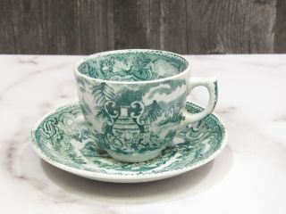 Antique Mycene Green Staffordshire Transferware Childs Tea Cup Saucer Demi