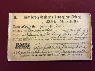 1915 Vintage State Of Jersey Hunting And Sport Fishing License (paper)