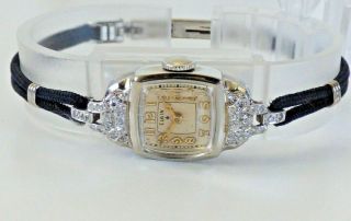 Vintage Elgin Ladies Watch 14k Solid White Gold Diamond Bezel Very Gorgeous