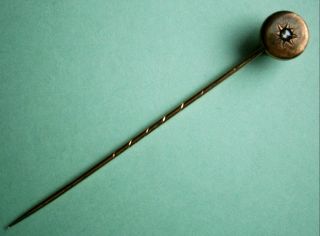 Antique 14k Yellow Gold Stick Pin With Small Diamond,  Hallmarked