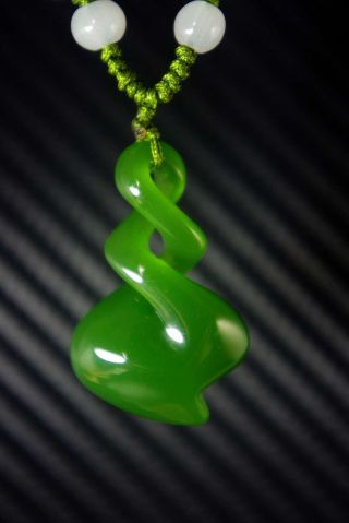 Chinese Natural Bright Green Jade Nephrite Hand - Carved Spiral Jade Pendant