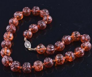 Fine Antique Chinese Carved Cherry Amber Bead Necklace Silver Figural Clasp
