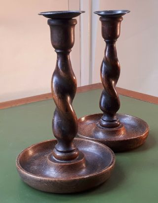 Pair Antique 1920s Wood/ Oak Barley Twist Candlesticks.  Arts & Crafts Home.  VGC 3