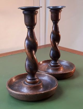 Pair Antique 1920s Wood/ Oak Barley Twist Candlesticks.  Arts & Crafts Home.  VGC 4