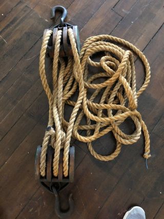 Antique Ships Block And Tackle 3 Pulley Wood Type With 1” Hemp