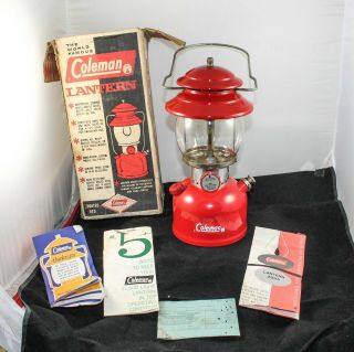 Vintage 1964 Red Coleman 200a 195 Lantern W/ Globe & Paper Work
