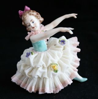 Antique German Volkstedt Dresden Lace Kneeling Girl Ballerina Dancer Figurine 4