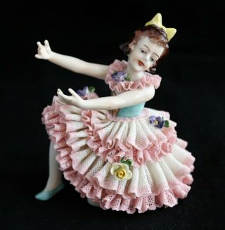 Antique German Volkstedt Dresden Lace Kneeling Girl Ballerina Dancer Figurine 1