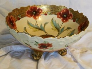 Antique Pickard Hand Painted Footed Poppies Gold Centerpiece Bowl