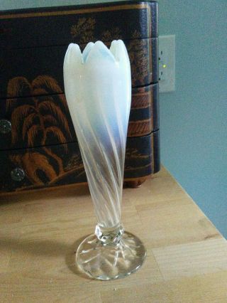 Antique White Opalescent Diamond Stem Bud Vase By Model Flint Circa 1900