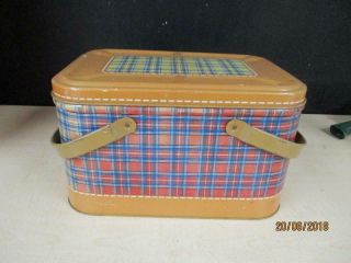 Vintage Plaid Metal Lunch Basket Box Picnic Farmhouse Rustic Decor