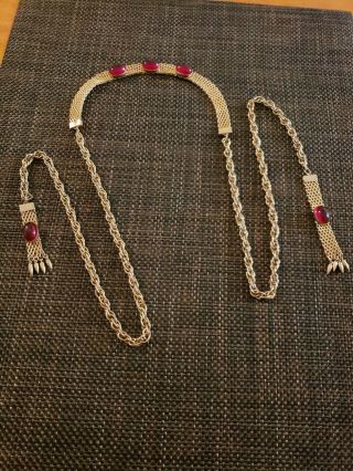 Vintage Antique Gold Tone And Red Glass Open Ended Flapper Necklace