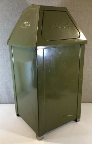 Vintage United Square Pyramid Flip Top Green Trash Can Push Doors With Insert