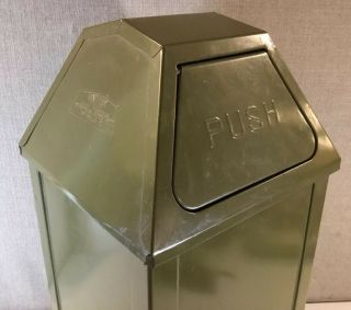 Vintage United Square Pyramid Flip Top Green Trash Can Push Doors With Insert 2