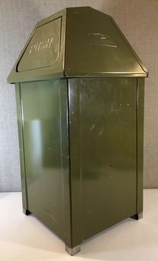 Vintage United Square Pyramid Flip Top Green Trash Can Push Doors With Insert 5