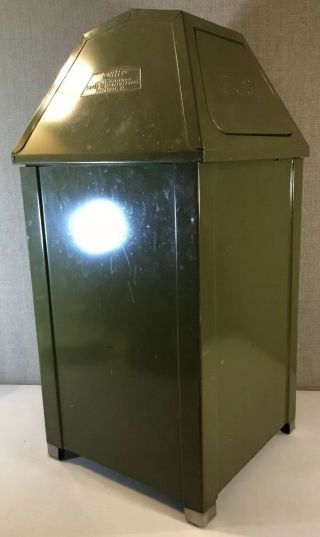 Vintage United Square Pyramid Flip Top Green Trash Can Push Doors With Insert 7