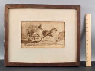 Early 19thc Antique Horvath Monotone Watercolor Painting,  Hay Wagon Horse & Dog