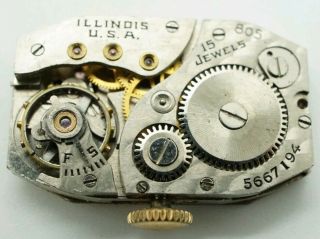 Vintage Illinois Cal.  805 15 Jewel Wrist Watch Movement Runs For Repair