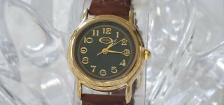Vintage Guess Gold Tone Green Dial Brown Leather Band Womens Watch (313)