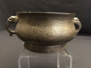 19th Century Chinese Bronze Silver Inlay Shisou Censer Incense Burner Marked