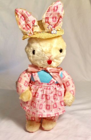 Vintage 1950s Gund - Swedlin Dressed Plush Bunny Rabbit " Mollykin " W/ Straw Hat