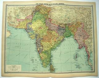 1926 Map Of The Indian Empire By George Philip.  Ceylon Burma.  Vintage