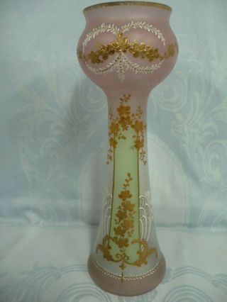 Antique 15 " Tall Art Nouveau Glass Vase W/gilt Enamel Design & Pink Finish