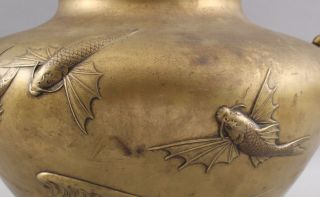 Large Antique Japanese Bronze Ikebana Pot w/ Detailed Flying Fish Sculpture 3