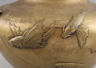 Large Antique Japanese Bronze Ikebana Pot w/ Detailed Flying Fish Sculpture 5