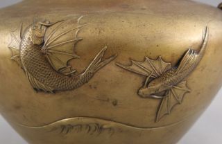 Large Antique Japanese Bronze Ikebana Pot w/ Detailed Flying Fish Sculpture 7