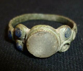 Viking Bronze Ring With Clear And Blue Gem - Circa 7th - 9th Century Ad /951