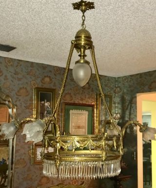 1920 ' S FRENCH EMPIRE - BRASS & CRYSTAL CHANDELIER WITH SWAG MOTIF - 9 LIGHTS 2