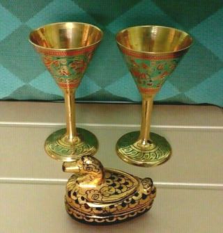 Vintage Indian 2 Brass Goblets,  A Wooden Gold Tone Duck Jewellery Box Uk Seller