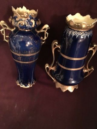 ANTIQUE ROYAL VIENNA Germany 2 Vases 24K Gold Cobalt Blue portraits 2 ladies 2