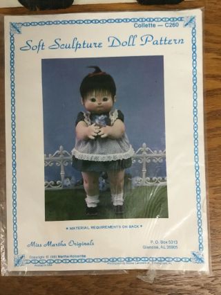 Miss Martha Soft Sculpture Doll Pattern Rare Collette 26” Vintage Nip C260