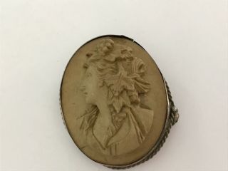 Antique Victorian 1890’s Silver Lava Cameo Brooch Pin.  1 3/4” X 1 3/8” A/f