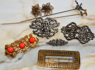 Antique Victorian Edwardian Cut Steel Sash Belt Buckles,  Earrings,  Brass,  Hat Pins