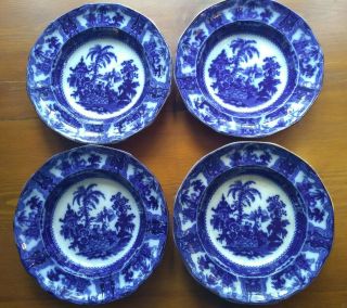 4 1890’s Antique W Adams England Kyber Flow Blue 9” Soup/cereal Bowls