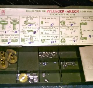 Vintage Pflueger Akron Casting Reel Repair Parts In Metal Box