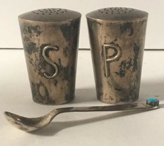 Vintage Sterling Silver/ Turquoise Salt And Pepper Shakers W/ Small Cellar Spoon