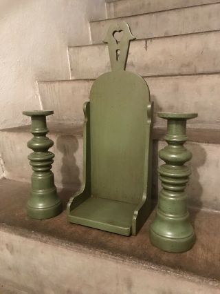 Tell City Chair Company Solid Hard Rock Maple Antique Green Shelf Candle Holders