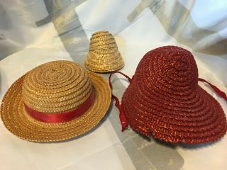 3 Vintage Doll Straw Hats Grosgrain Ribbon Band Summer Red Bonnet 9/810