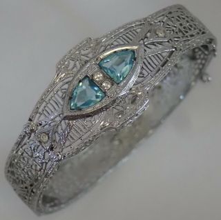 Antique Art Deco Rhodium Plate Filigree Aquamarine Paste Rhinestone Bracelet
