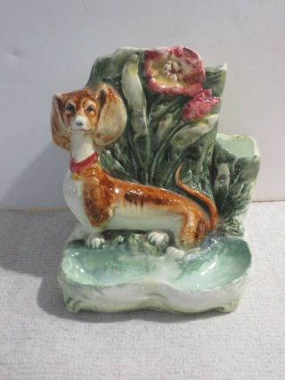 Antique Majolica Match Holder With Match Striker And Tray Dachshund Dog Marked