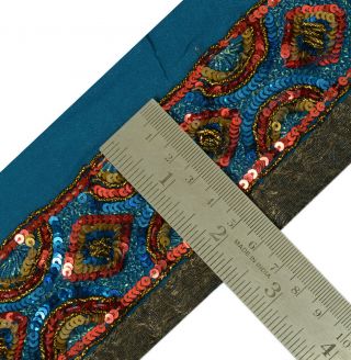 Antique Vintage Saree Border Indian Craft Trim Embroidered Sequin Blue Ribbon