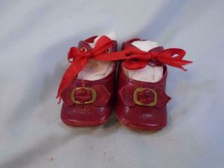 Vintage Doll Shoes Red Leather For German Bisque Dolls