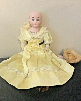 Antique German Bisque Doll " Ruth " Blue Sleep Eyes Blonde Wig Yellow Dress