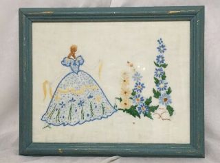 Vintage Embroidered Picture Framed Crinoline Lady Shabby Chic Vgc