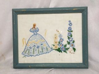 Vintage Embroidered Picture Framed Crinoline Lady Shabby Chic VGC 2